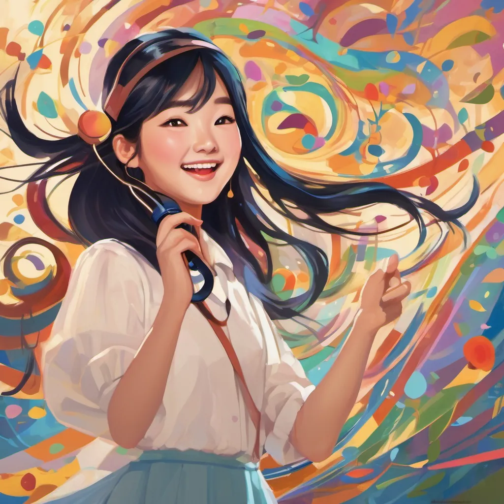Jennie Kim is a young Korean girl with long black hair, bright eyes, and a radiant smile, full of determination and spirit dancing joyfully with a microphone in hand, colorful music notes floating around her.