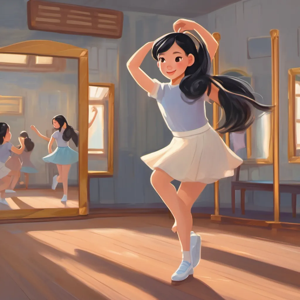 Jennie Kim is a young Korean girl with long black hair, bright eyes, and a radiant smile, full of determination and spirit in a practice room, rehearsing her dance moves in front of a dance mirror, looking determined.