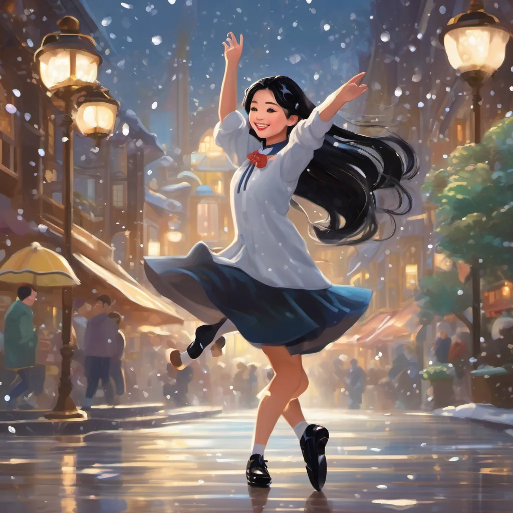 Jennie Kim is a young Korean girl with long black hair, bright eyes, and a radiant smile, full of determination and spirit practicing her dance in shiny tap shoes, with raindrop-like splashes and snowflakes around her.