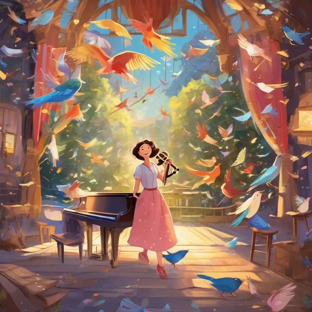 Jennie singing on stage with colorful musical notes and imagery of birds flying with the notes.