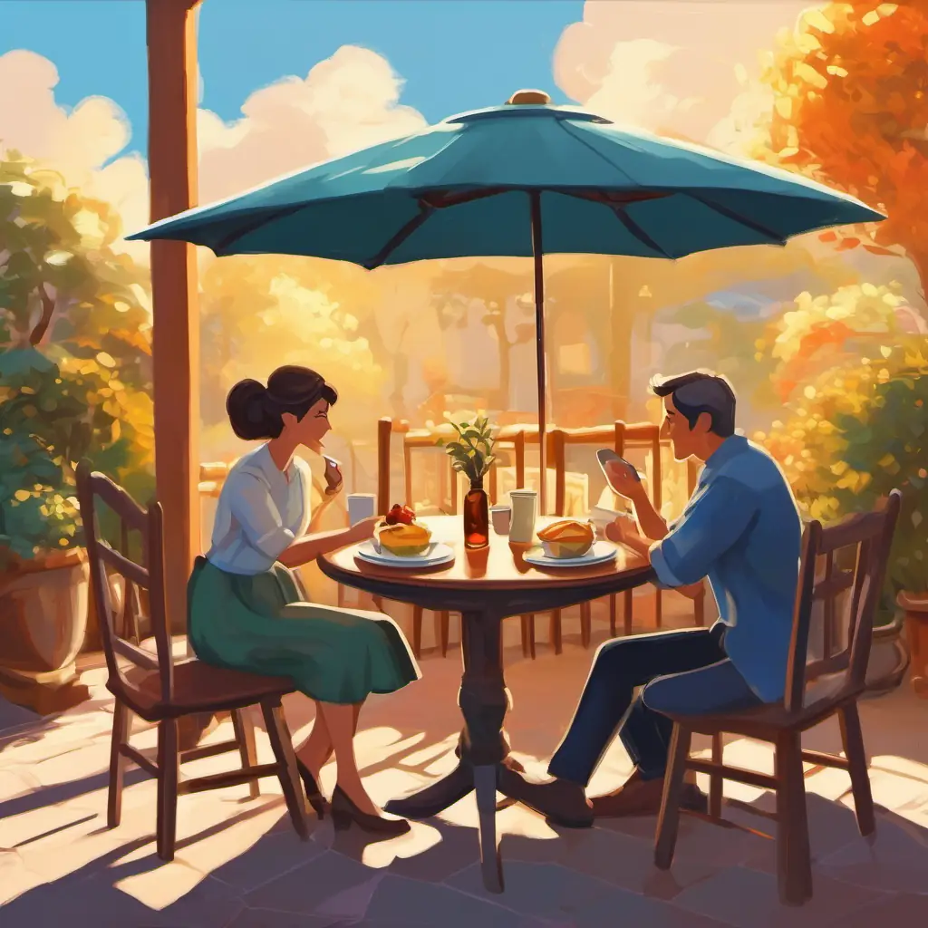 Dining table, couple enjoying breakfast and conversation