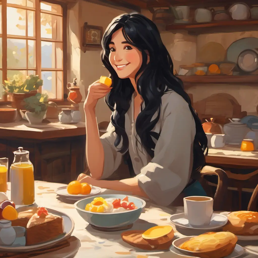 Breakfast, Long black hair, brown eyes, warm smile, friendly demeanor sharing the significance of the day