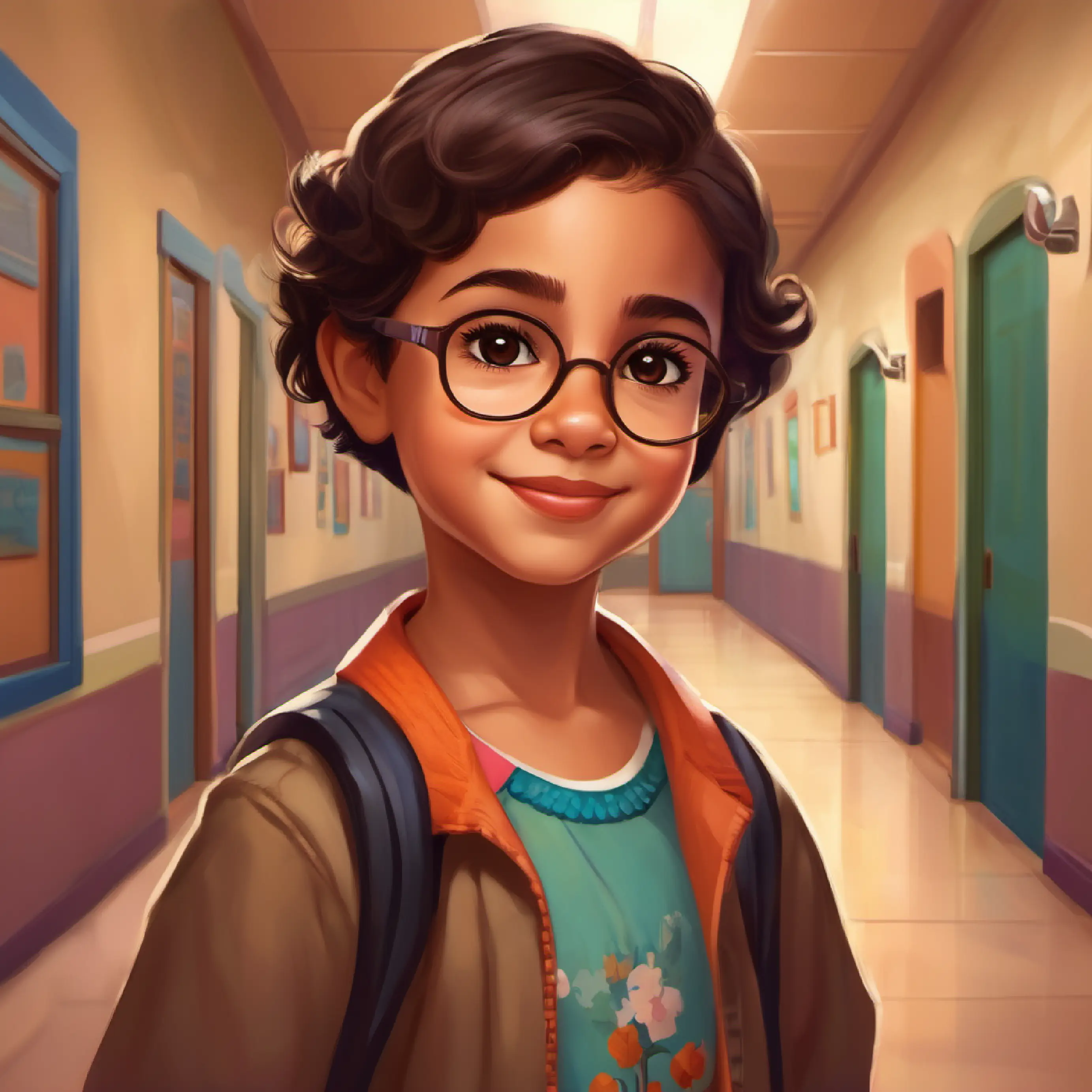 Nayeli in the hallway of her school, wearing her glasses