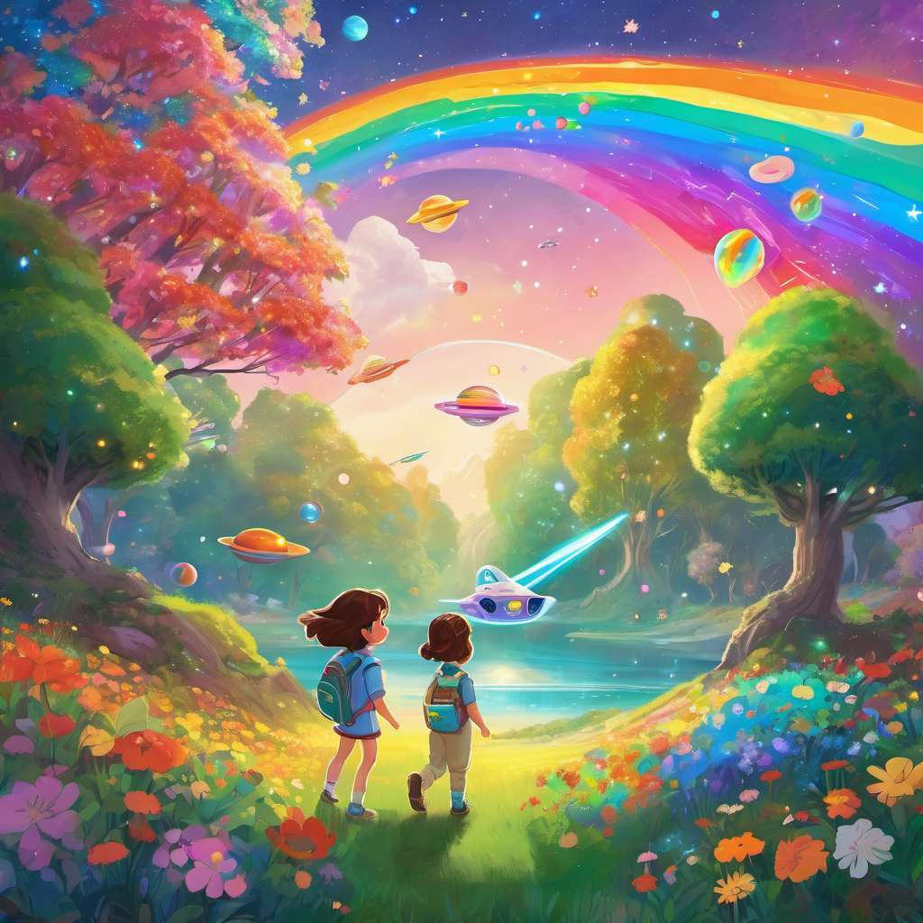 Zara has brown hair, sparkly eyes, and a big smile's spaceship lands on a planet with lots of bright colors. There are trees with rainbow leaves and flowers that glow in the dark.