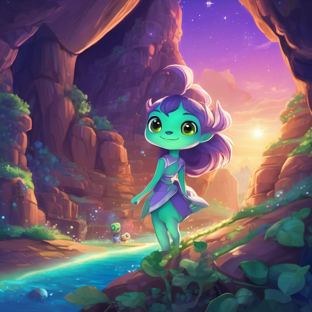 Glimmer-Gus has shiny purple skin and glowing green eyes, a Glimmer alien, becomes Zara has brown hair, sparkly eyes, and a big smile's guide and shows her around the beautiful planet. They visit sparkling caves and float on fluffy clouds.