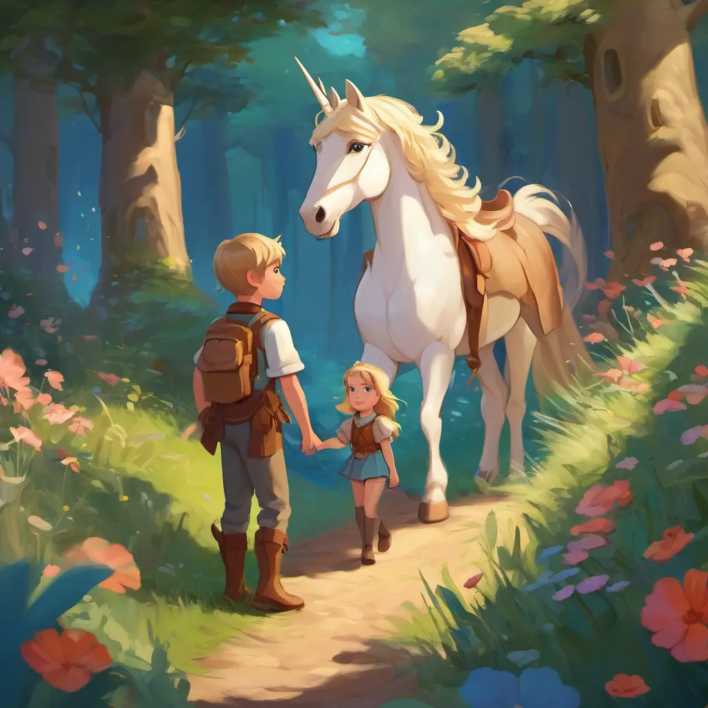 Blonde hair, blue eyes, fair skin, kind-hearted and brave and Brown hair, brown eyes, fair skin, courageous and determined on a journey, facing challenges, meeting magical creatures like unicorns and pixies