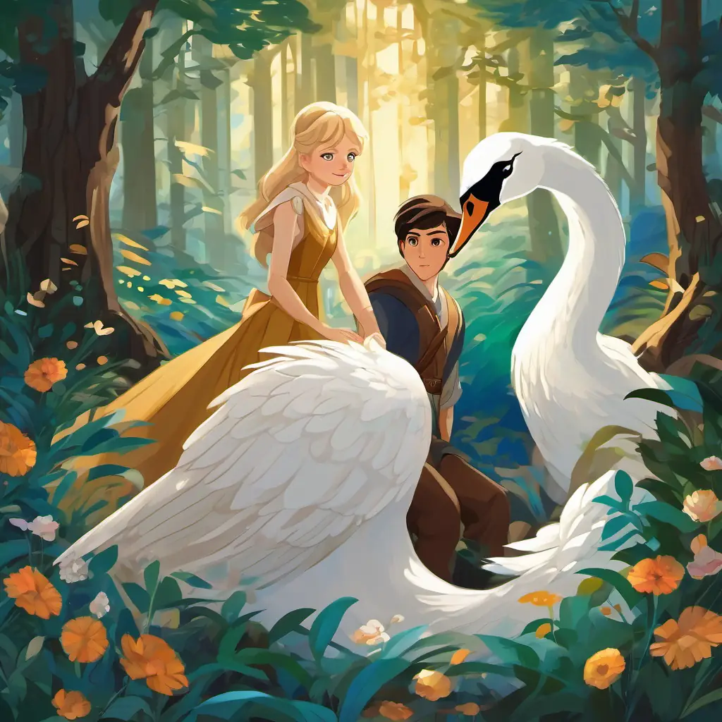 Blonde hair, blue eyes, fair skin, kind-hearted and brave and Brown hair, brown eyes, fair skin, courageous and determined finding the Forbidden Forest, obtaining the Crystal of the Enchanted Swan, breaking Black hair, dark eyes, pale skin, wicked and evil's spell on the swans