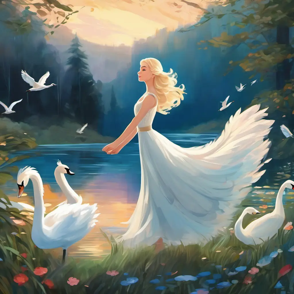 Blonde hair, blue eyes, fair skin, kind-hearted and brave with transformed humans, finding true love, living happily ever after, and being known as the hero of Swan Lake
