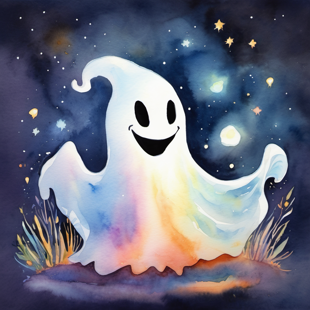 Friendly ghost with a big smile and glowing aura loves making friends