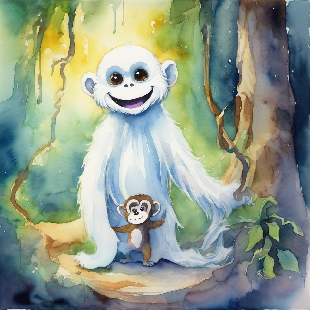 Friendly ghost with a big smile and glowing aura meets a mischievous monkey