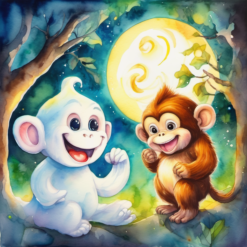 Friendly ghost with a big smile and glowing aura and monkey become best friends