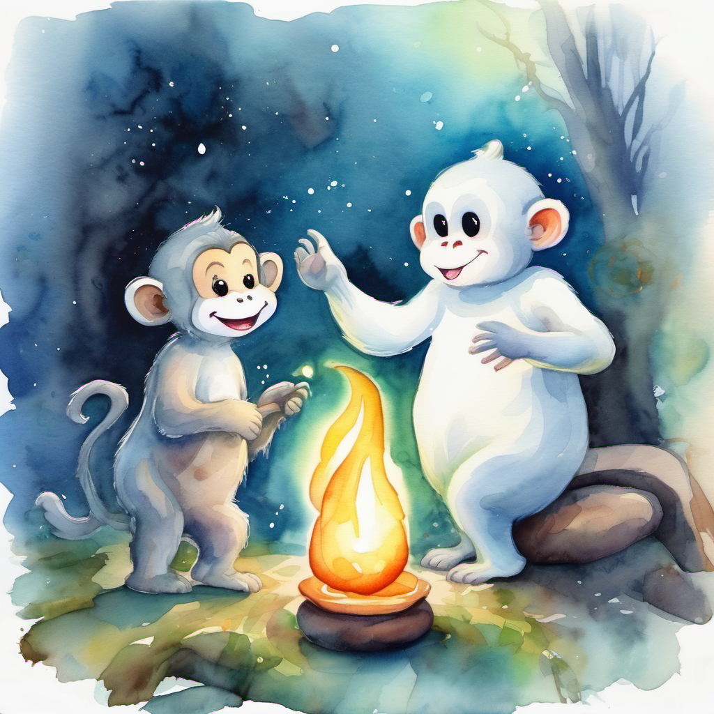 Friendly ghost with a big smile and glowing aura and monkey teach each other