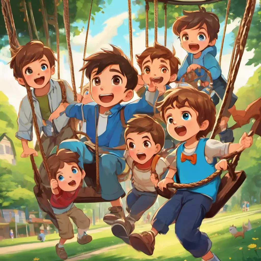 The A little boy with brown hair and blue eyes, always shouting and screaming goes to the park with his The boy's friends, shown as diverse children with different hair and eye colors, looking annoyed and then happy. They are shown playing on the swings. The A little boy with brown hair and blue eyes, always shouting and screaming is shown shouting and screaming, while his The boy's friends, shown as diverse children with different hair and eye colors, looking annoyed and then happy look annoyed.