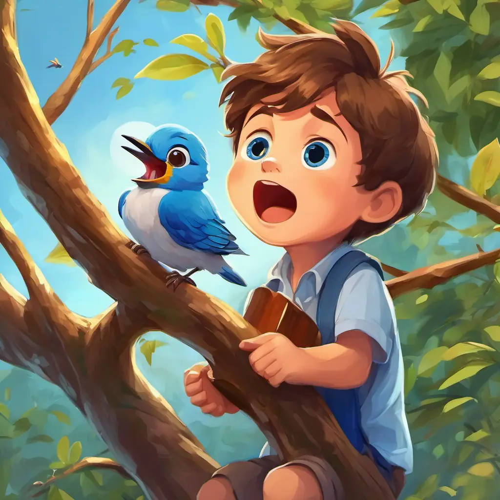 The A little boy with brown hair and blue eyes, always shouting and screaming sees a little bird sitting on a branch. The bird is shown singing a beautiful song. The A little boy with brown hair and blue eyes, always shouting and screaming is shown looking calm and happy.