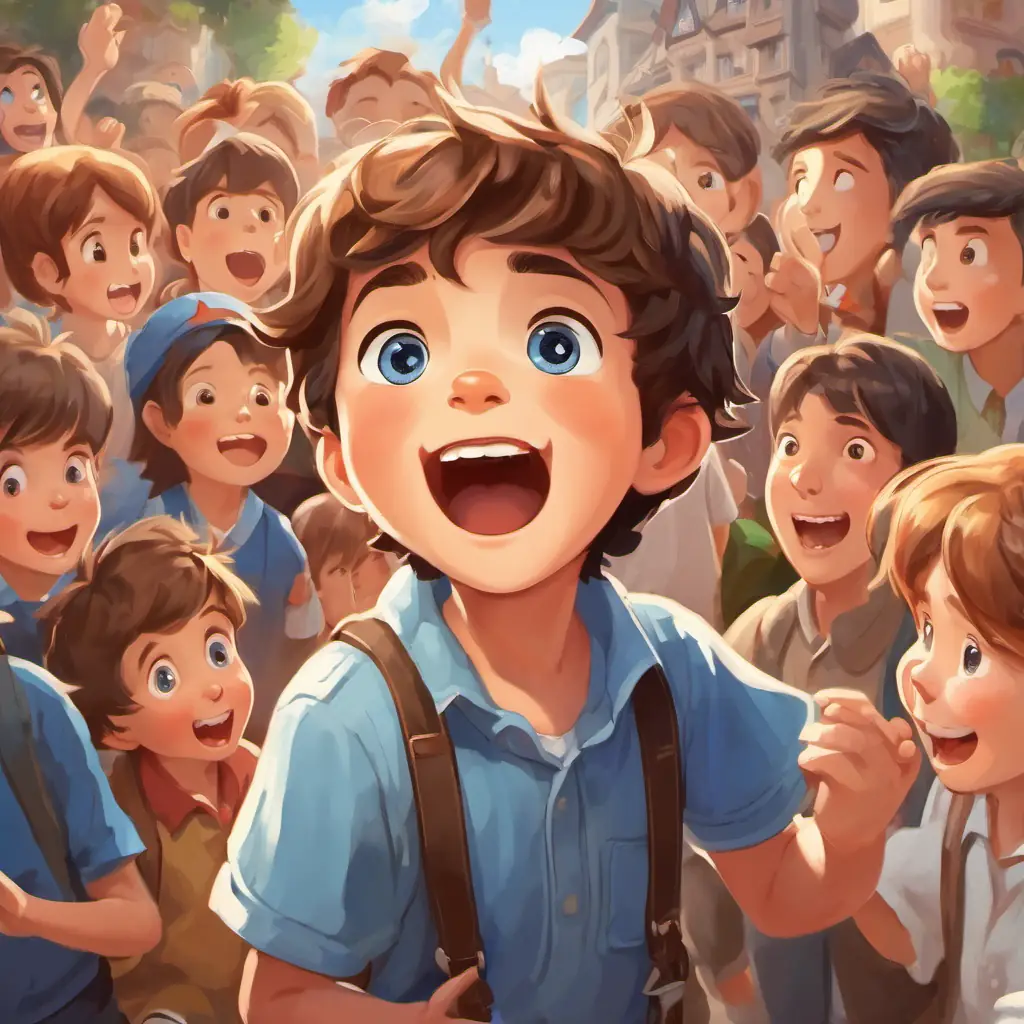 The A little boy with brown hair and blue eyes, always shouting and screaming learns the importance of speaking nicely. He is shown using kind words and a gentle voice. People around him are shown smiling and happy.