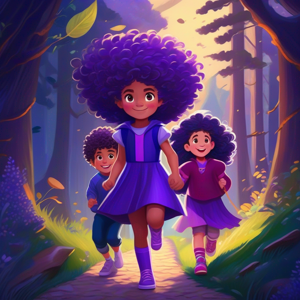 Cozy cottage, happy family, woods, Curly-haired girl with a purple dress and sparkly shoes, Energetic boy with wild, untamed hair and a superhero cape