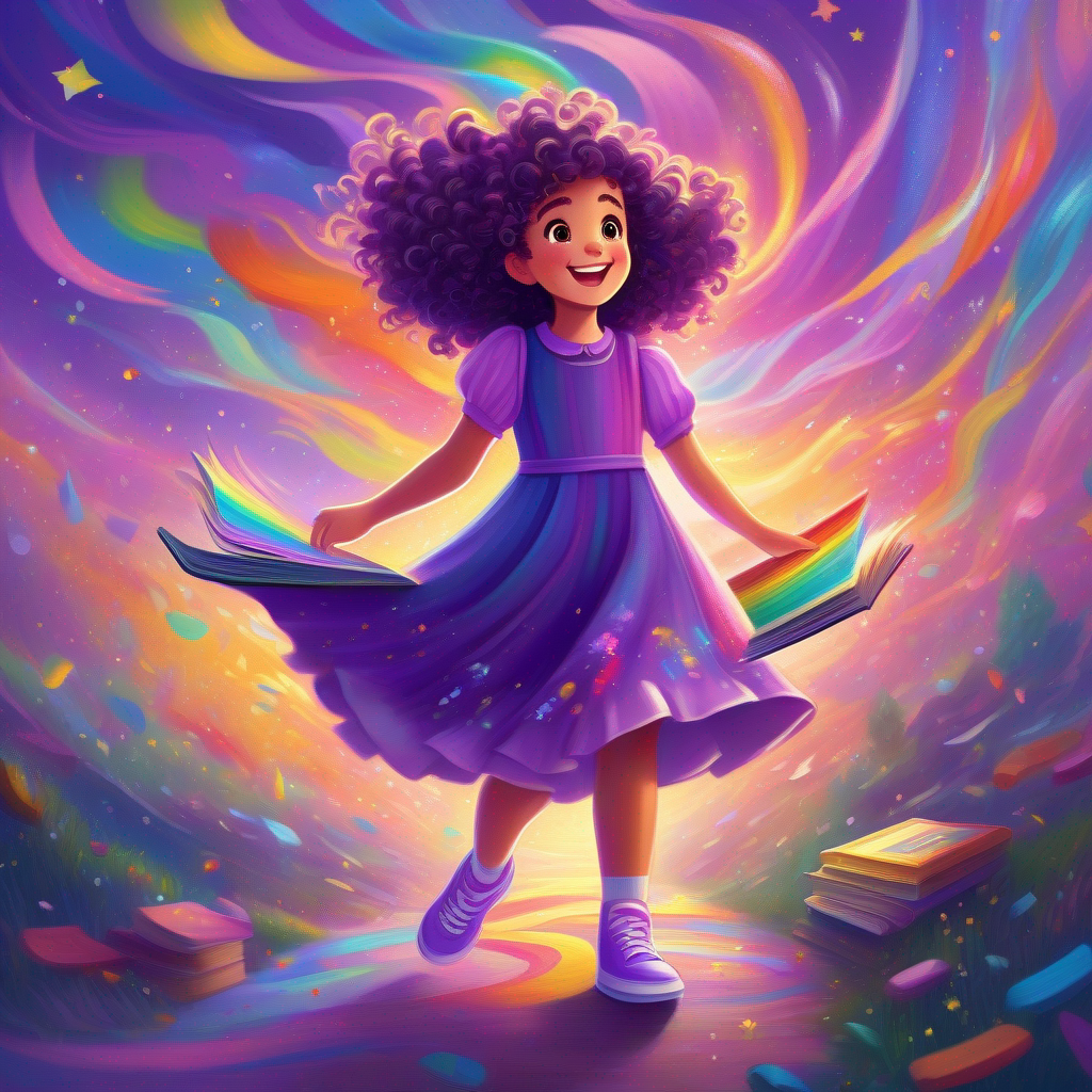 Curly-haired girl with a purple dress and sparkly shoes, book, rainbow colors, excited