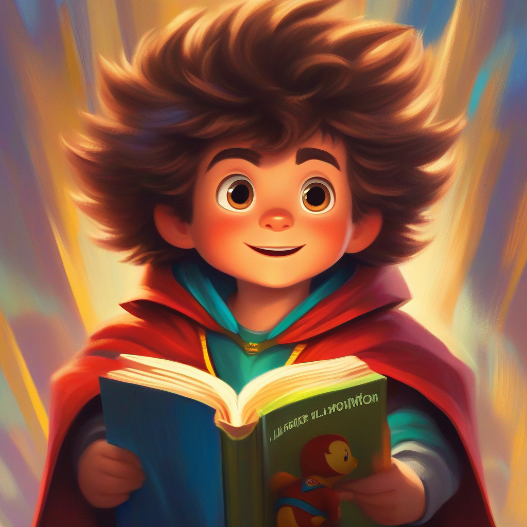 Energetic boy with wild, untamed hair and a superhero cape, curious, Mrs. Fluffington, wise, family, book