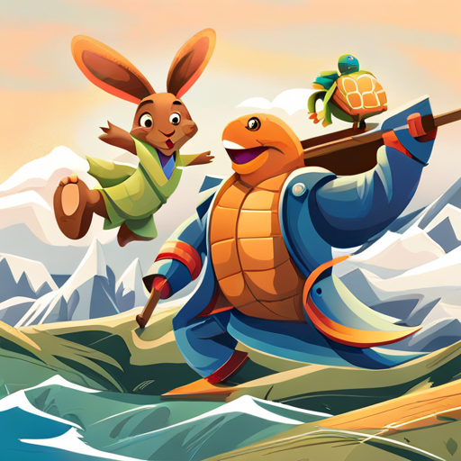 A lively rabbit with brown fur and a mischievous smile and A calm turtle with a green shell and a determined expression crossing the finish line together, Rabbit sheepish and Turtle triumphant