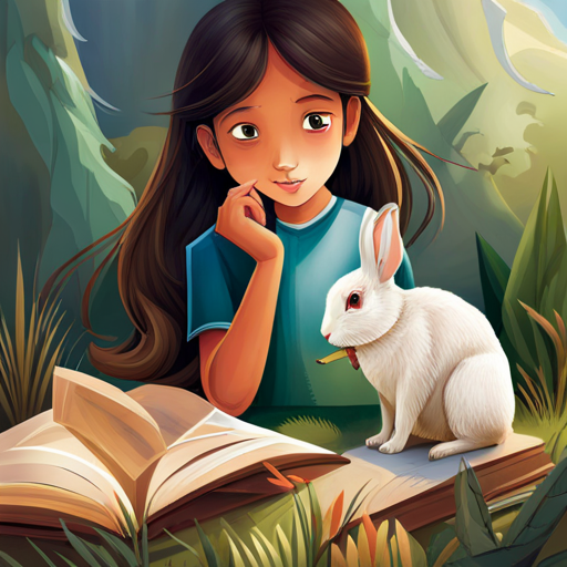 A girl looking at a book with A lively rabbit with brown fur and a mischievous smile and A calm turtle with a green shell and a determined expression on the cover