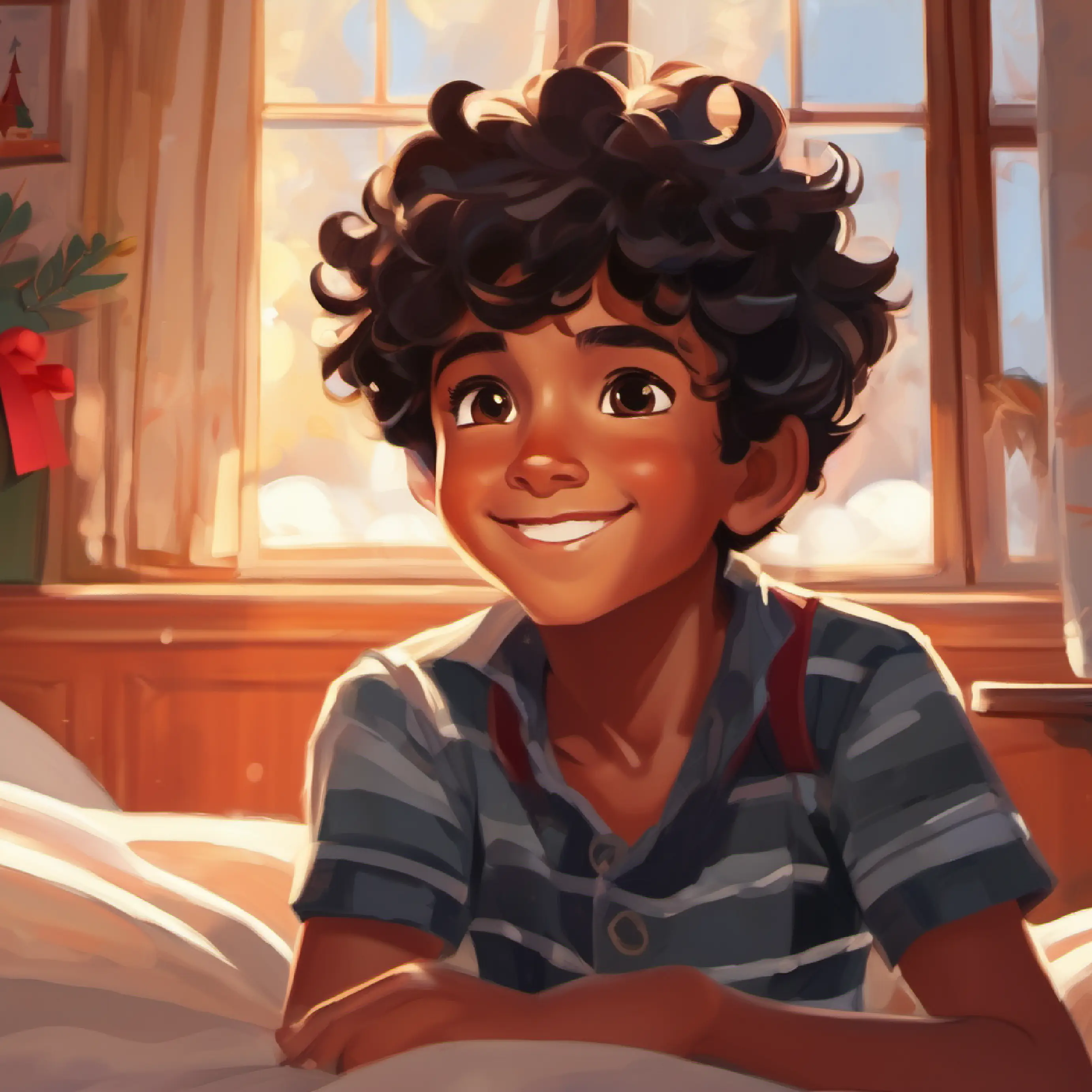 Energetic boy, brown skin, curly black hair, brown eyes in bed, morning sunlight, first day of school excitement.