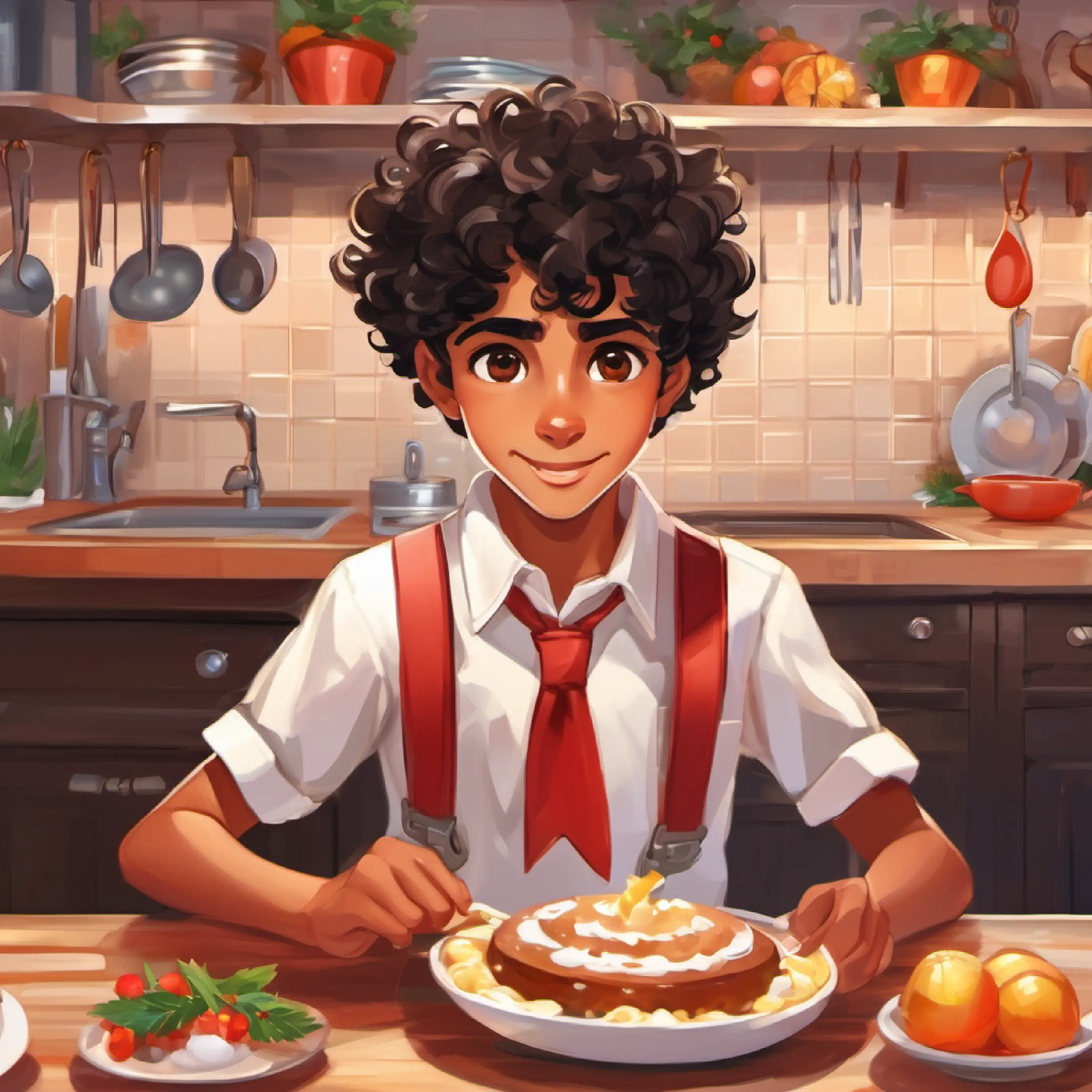 Energetic boy, brown skin, curly black hair, brown eyes dressing, school uniform, kitchen background.