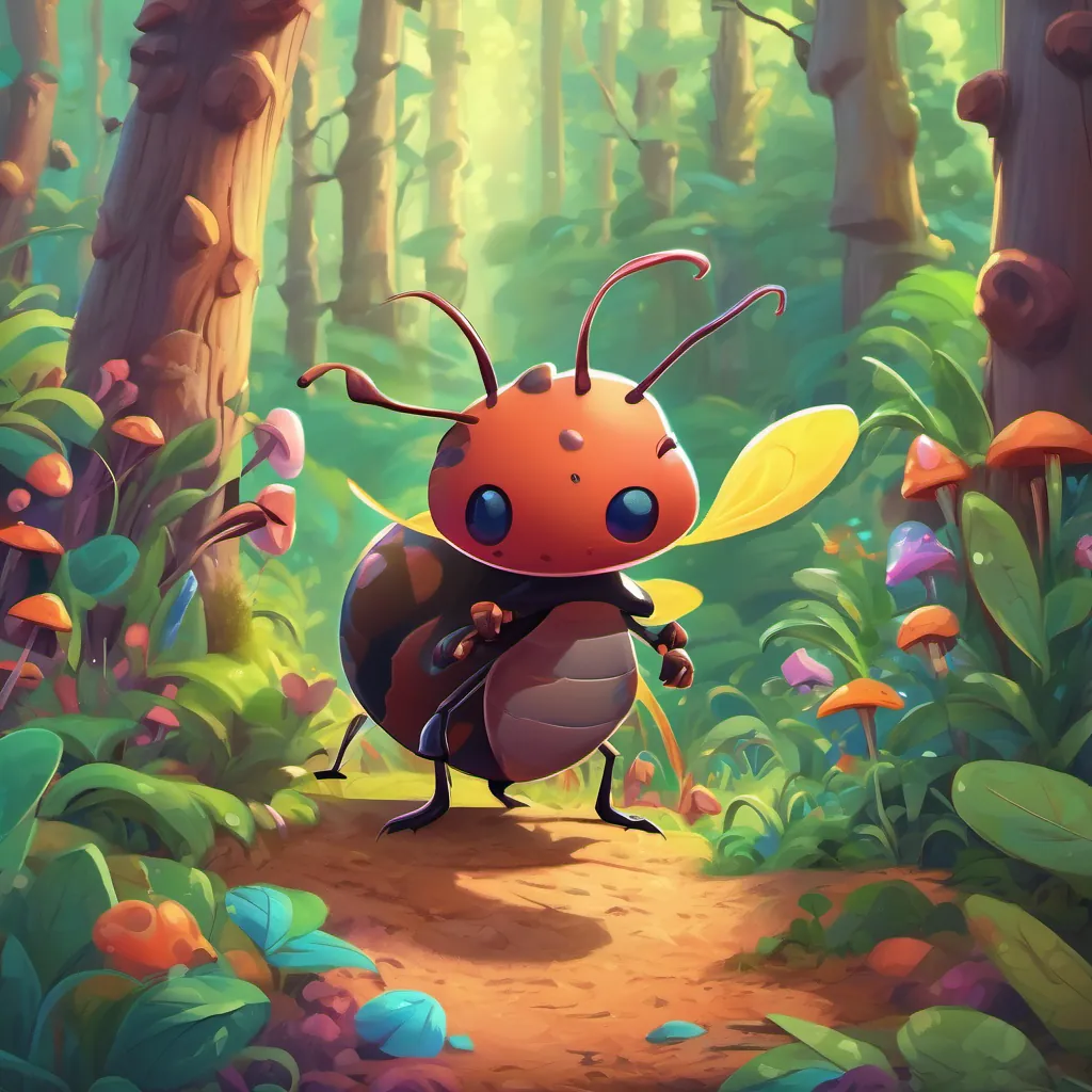 An enthusiastic, cartoon-style, curious ant standing outside a whimsical, colorful anthill in a lush, imaginative forest.