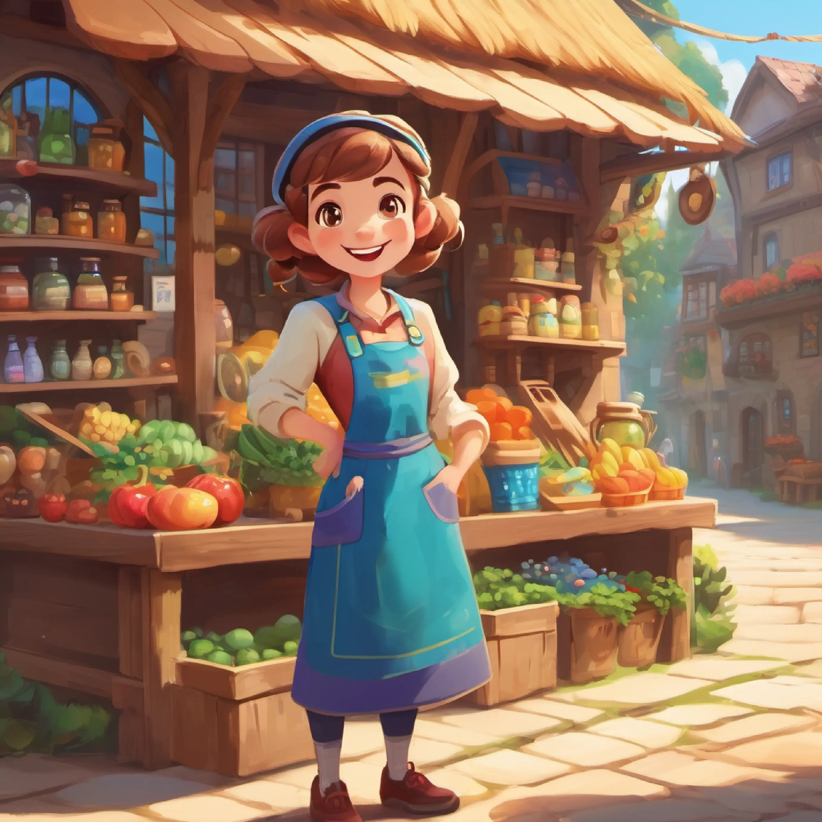 Introduction to Tiny shopkeeper, big smile, blue eyes, wearing a colorful apron and her tiny shop in a playful village.