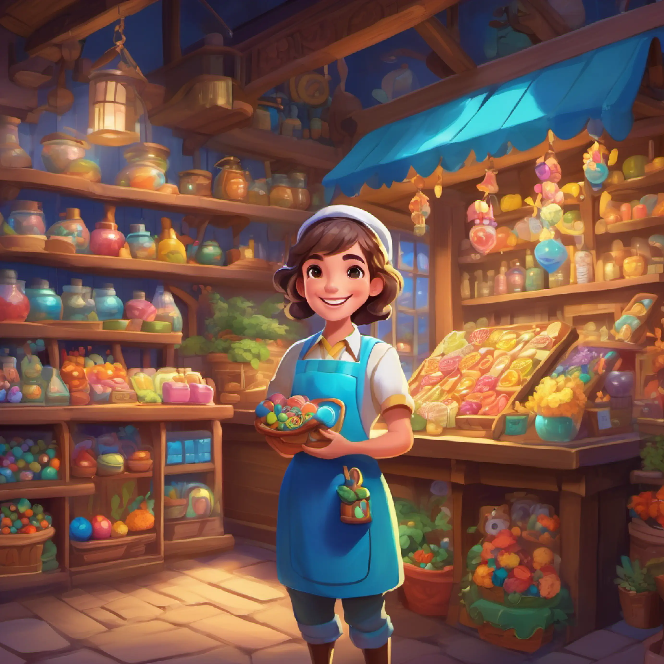 Description of Tiny shopkeeper, big smile, blue eyes, wearing a colorful apron's magical toy shop.