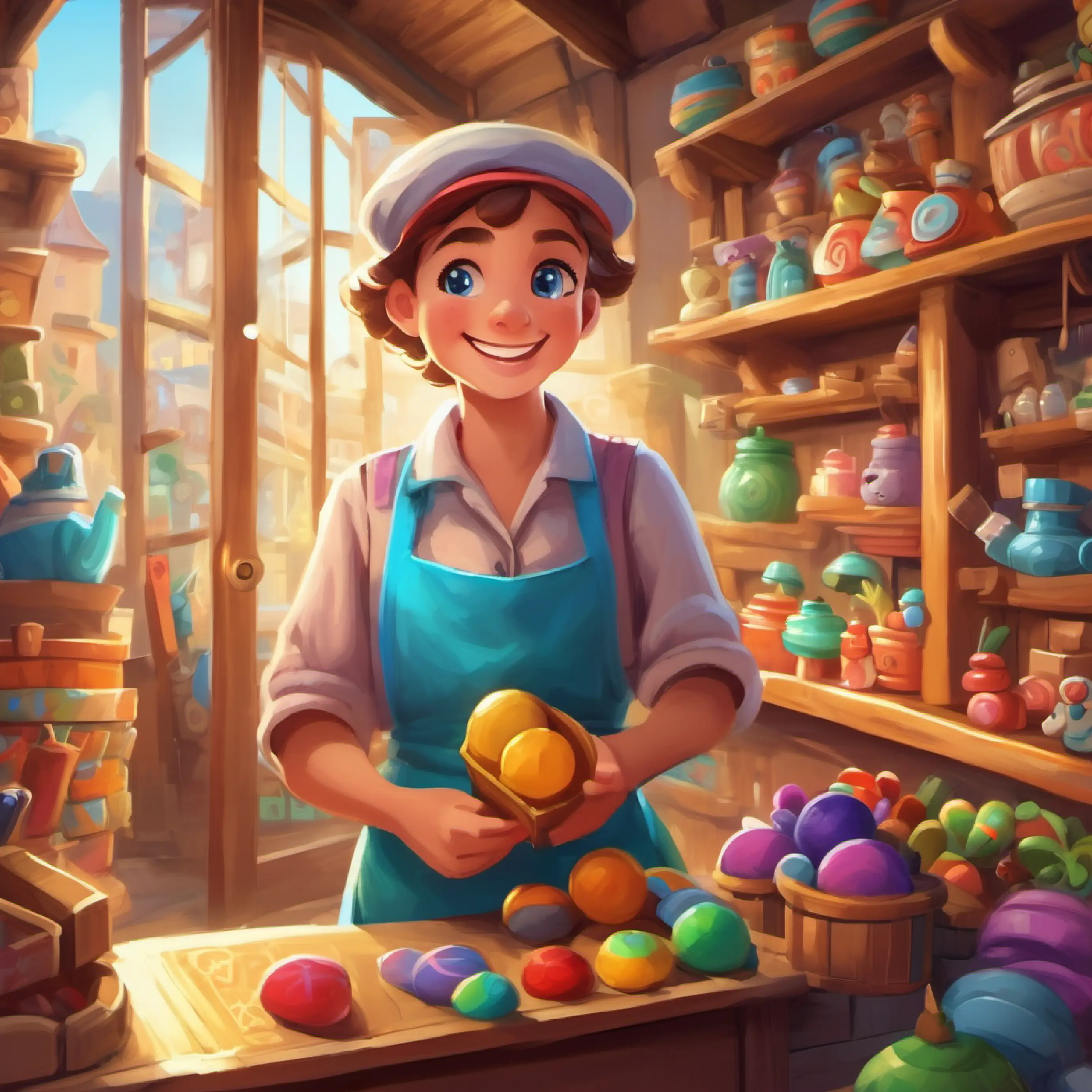 Tiny shopkeeper, big smile, blue eyes, wearing a colorful apron discovers the toys' secret plan.