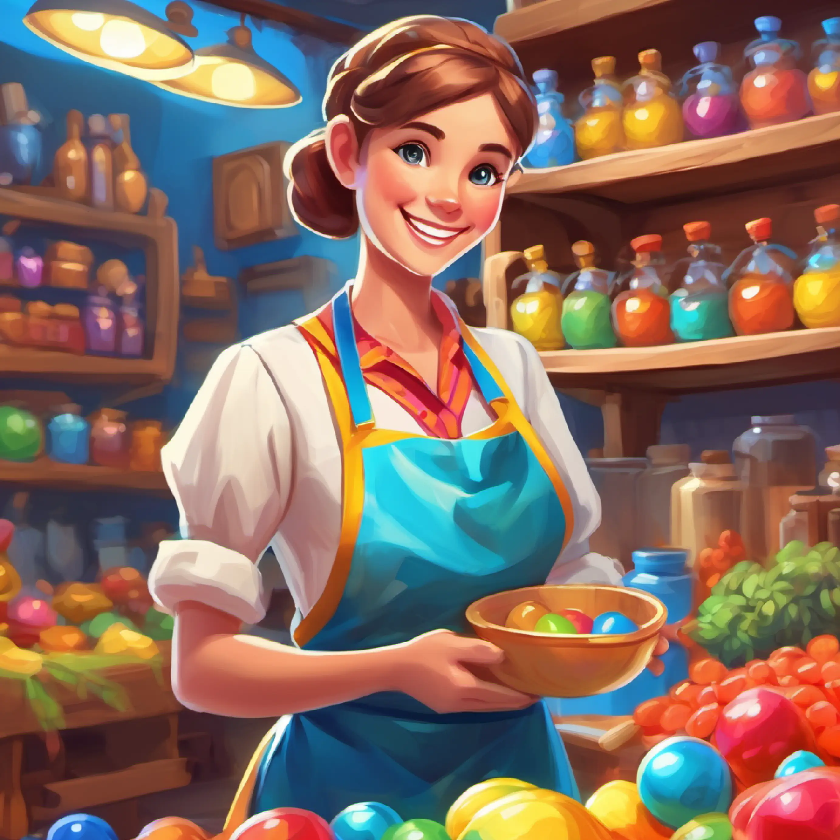 Tiny shopkeeper, big smile, blue eyes, wearing a colorful apron preparing for the toy party.