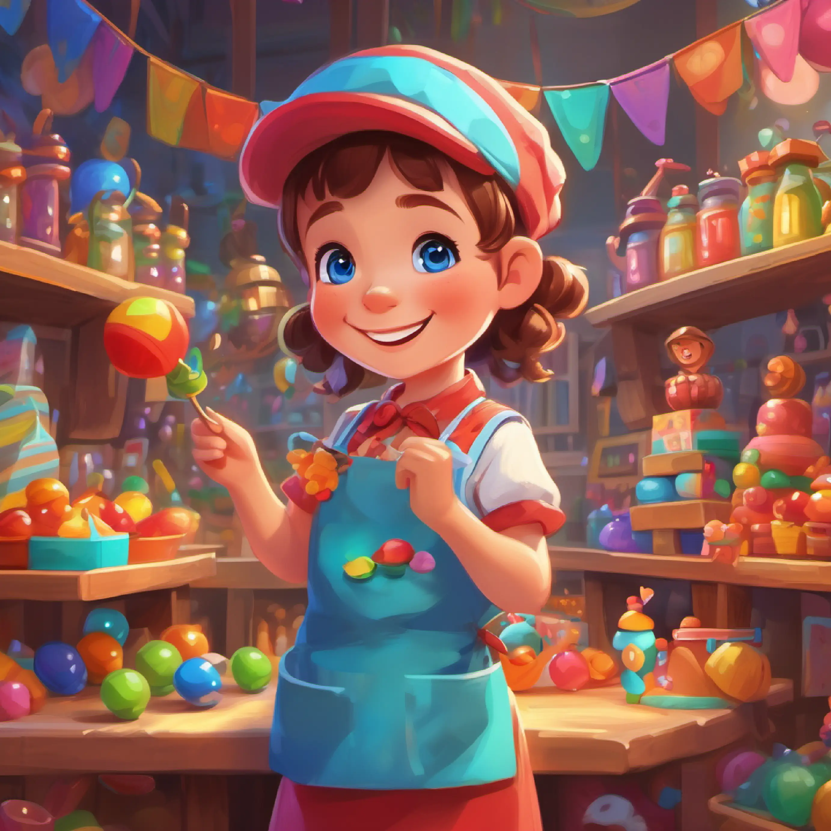 Tiny shopkeeper, big smile, blue eyes, wearing a colorful apron enjoys the toys' party.