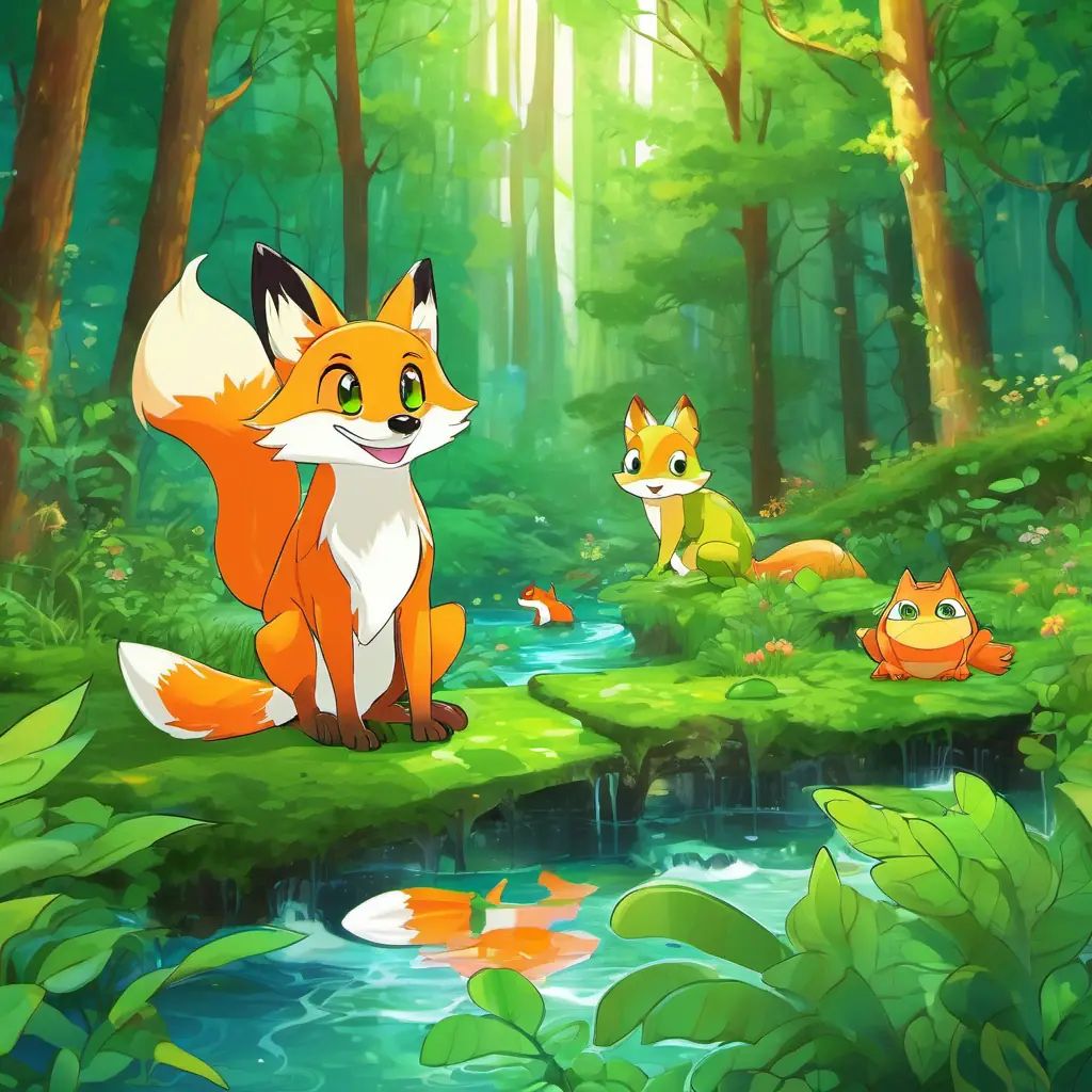 A colorful forest filled with tall trees, next to a bubbling brook. Fluffy orange fox with a bushy tail, bright green eyes the fox, with orange fur, and Bouncy green frog with big eyes and a wide smile the frog, green and bouncy.