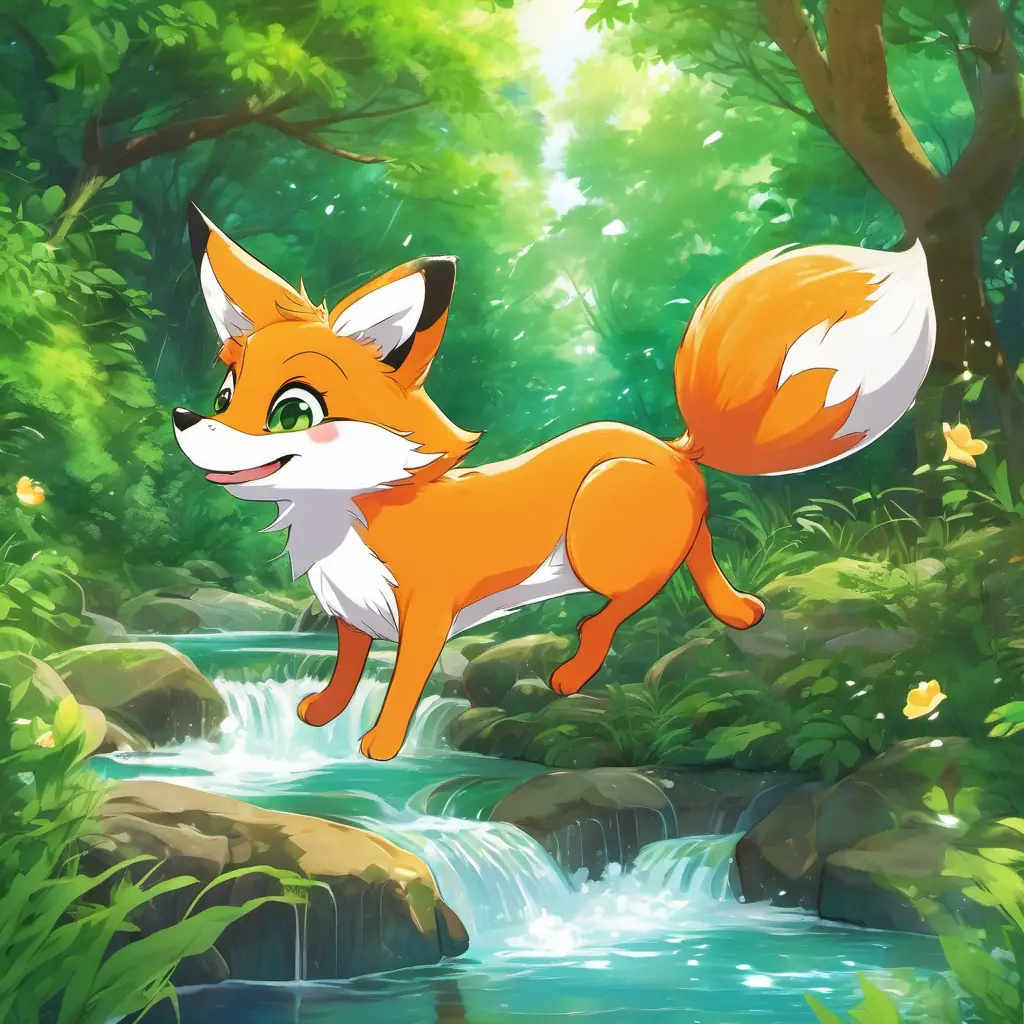 Fluffy orange fox with a bushy tail, bright green eyes and Bouncy green frog with big eyes and a wide smile playing by the bubbling brook, laughing and jumping. The trees swaying in the gentle breeze.