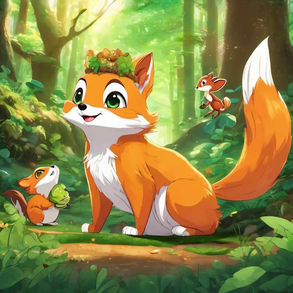 Fluffy orange fox with a bushy tail, bright green eyes, Bouncy green frog with big eyes and a wide smile, and the little squirrel finding each other in the forest. The squirrel with big brown eyes and a green shoe.