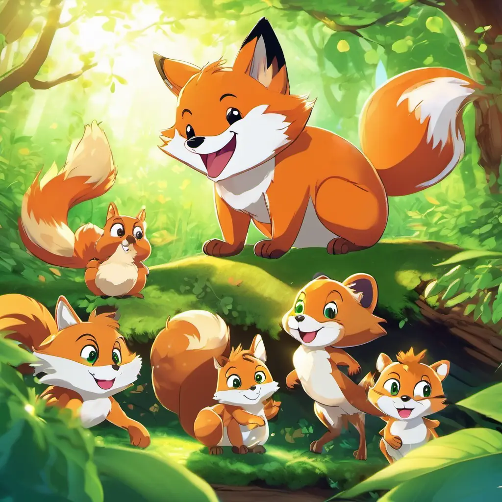 Fluffy orange fox with a bushy tail, bright green eyes, Bouncy green frog with big eyes and a wide smile, and the squirrel laughing and playing together. The sun shining through the trees, creating dappled light.