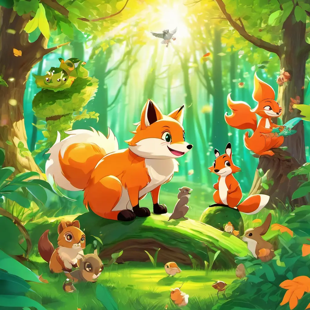 Fluffy orange fox with a bushy tail, bright green eyes, Bouncy green frog with big eyes and a wide smile, and the squirrel sitting together, looking content and happy. The colorful forest around them, with birds chirping and sun shining.