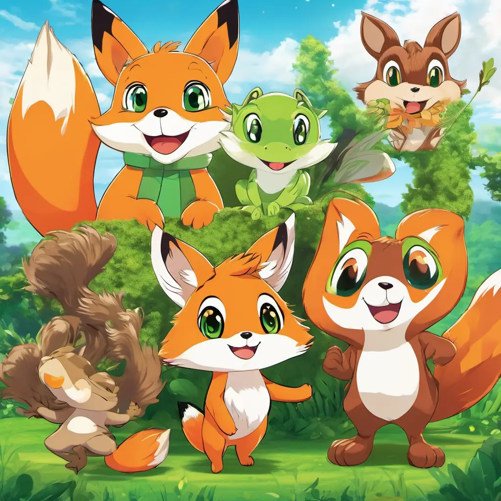 The Fluffy orange fox with a bushy tail, bright green eyes, Bouncy green frog with big eyes and a wide smile, and the squirrel waving and smiling.