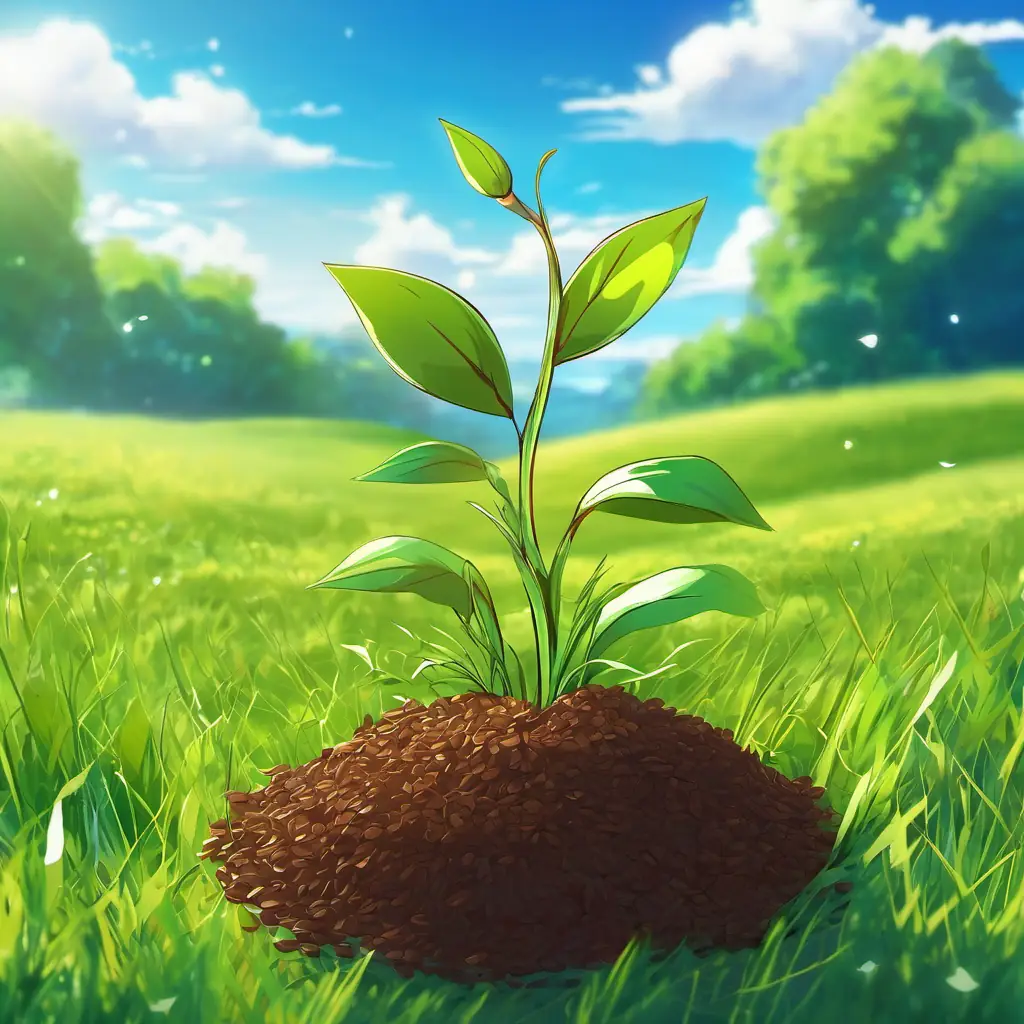 A small A small brown seed with a green sprout rolling on a green meadow, under a bright blue sky.