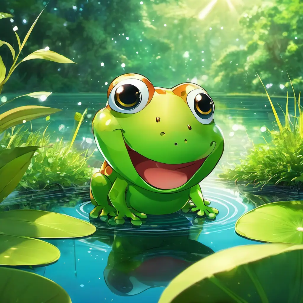 The tiny A small brown seed with a green sprout talking to a smiling, green A smiling, green frog with big, round eyes near a sparkling pond.