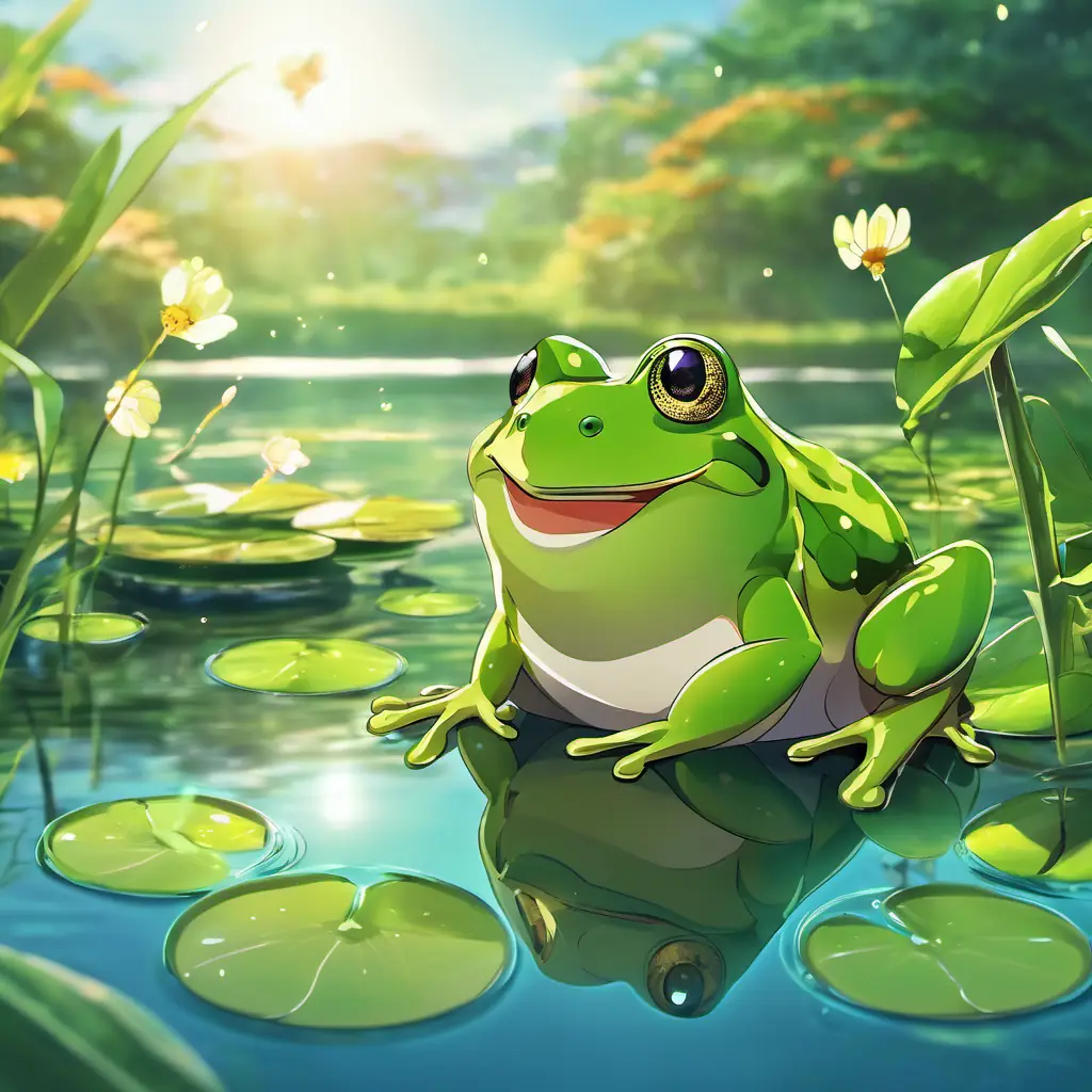 The A smiling, green frog with big, round eyes and the A small brown seed with a green sprout holding hands and looking around the pond.