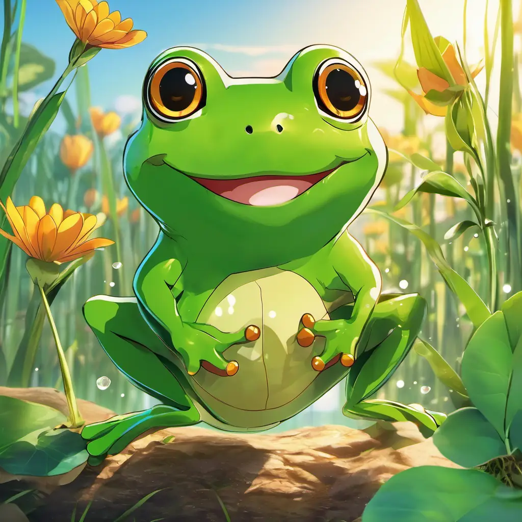 The A smiling, green frog with big, round eyes and the A small brown seed with a green sprout holding hands and joyfully hopping together.