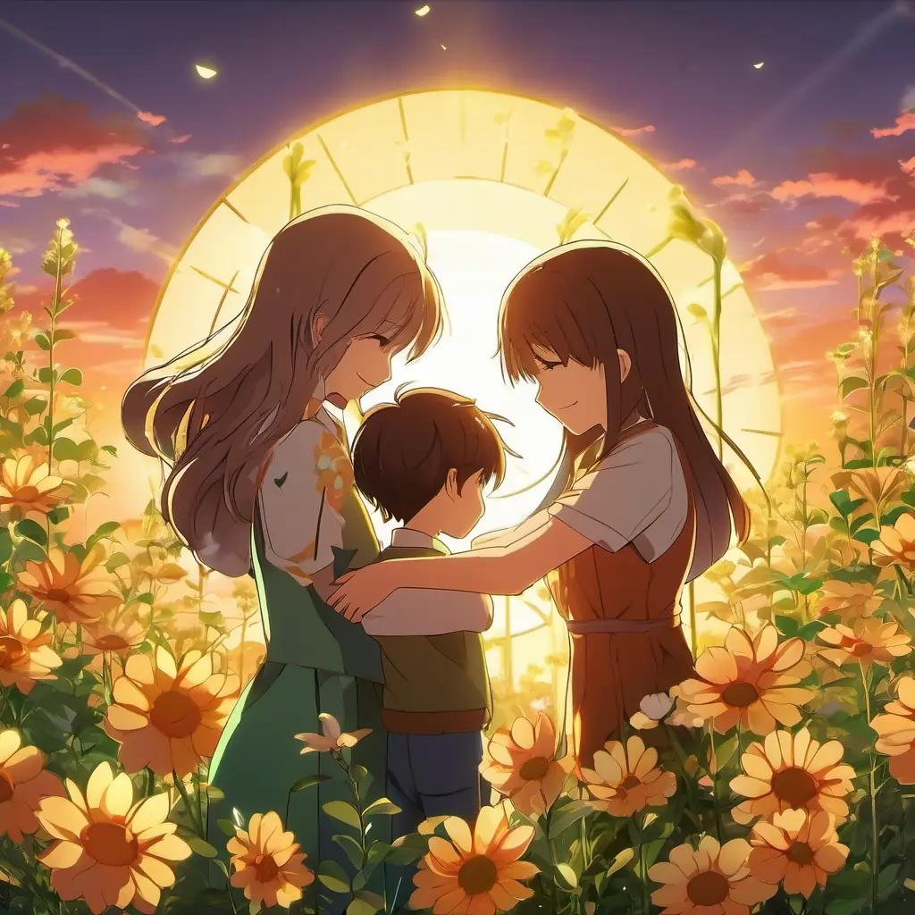 The A small brown seed with a green sprout happily hugging its family of blooming flowers under the golden sun.