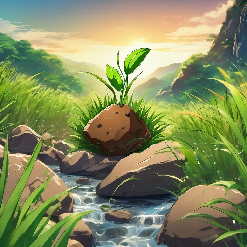The A small brown seed with a green sprout bouncing and hopping over rocks and through tall grass.