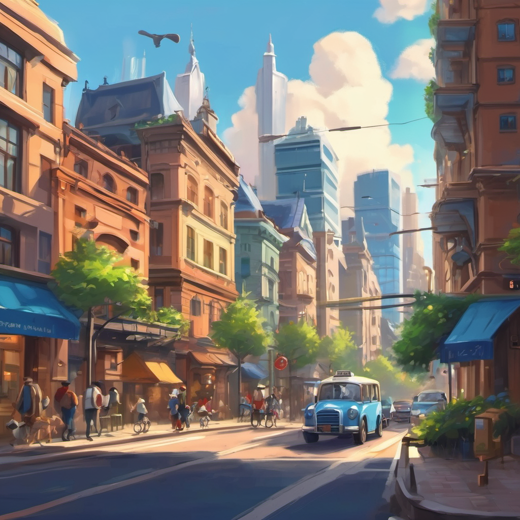 As I made my way to the city, I saw tall buildings and busy streets. It was so different from my little neighborhood. There were cars honking, people rushing around, and also other animals like dogs and birds.