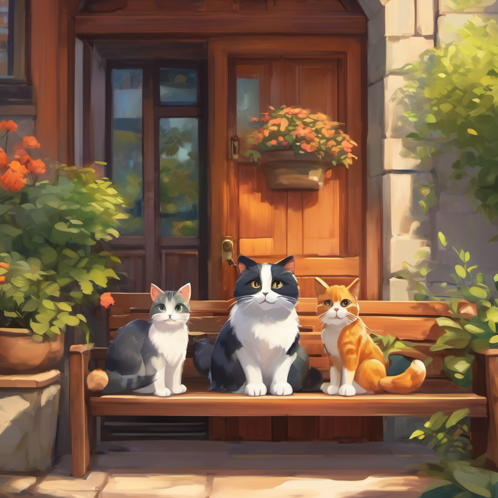 I felt a bit nervous in this new place, but I bravely walked around. I saw a group of cats sitting on a bench. I slowly approached them and asked if I could join them. They happily welcomed me. We started talking about our homes and our favorite toys.