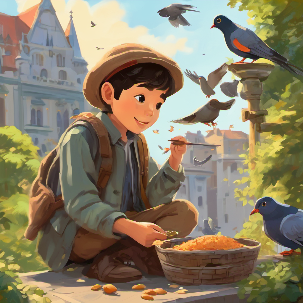 While playing with Max, I saw a boy named Tim feeding some pigeons. I love birds, so I went over and asked if I could feed them too. Tim smiled and handed me some breadcrumbs. The birds flew down, and we watched them eat together. Tim and I became friends too!