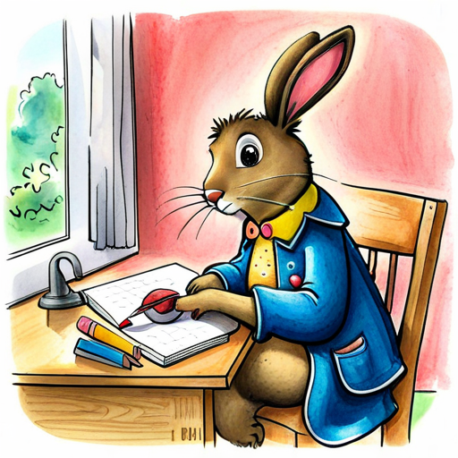 Rosie the rabbit doing her homework and helping her parents