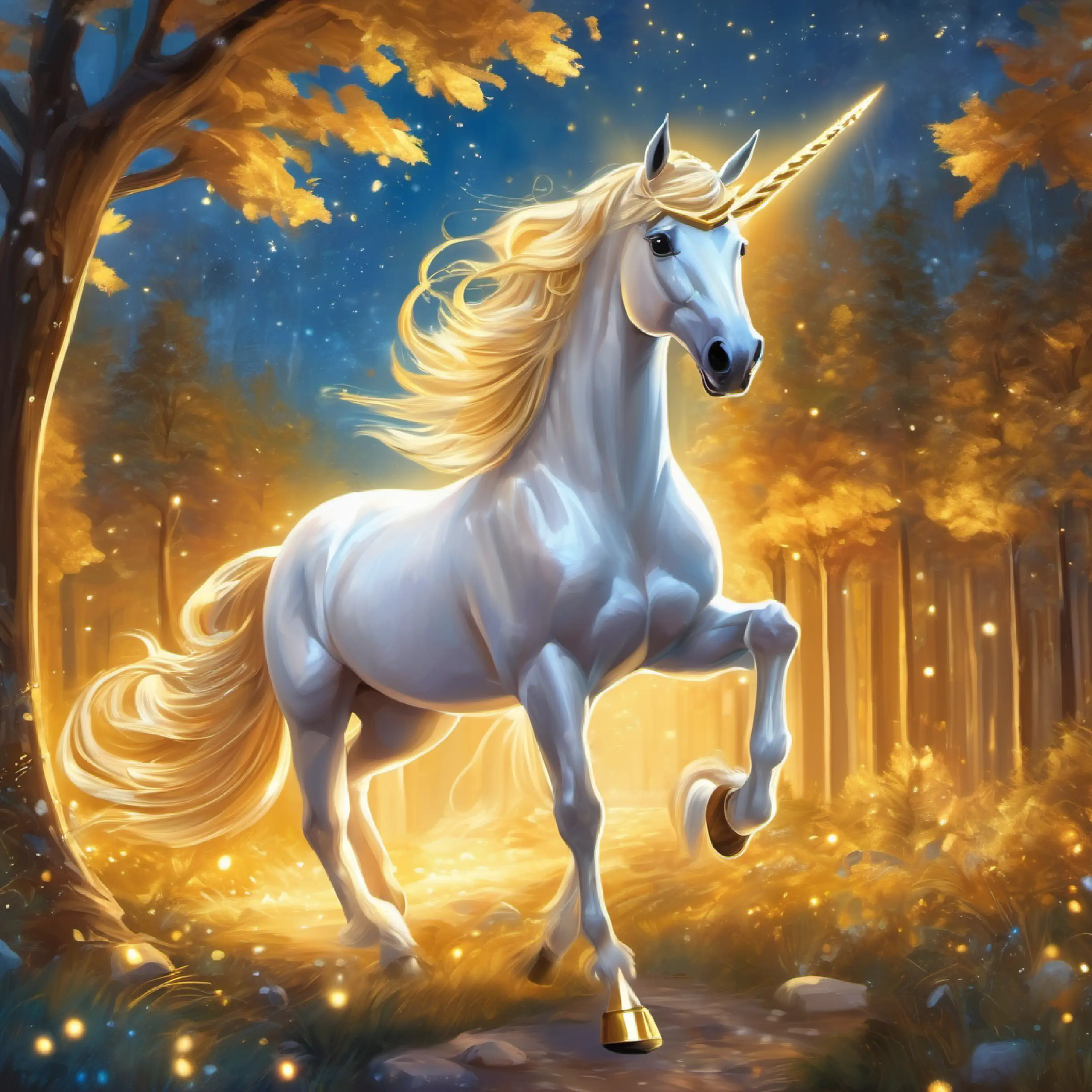 Young unicorn, golden hoof, stardust trail, eyes reflecting bravery's golden hoof has a special power, differentiating her from her peers.