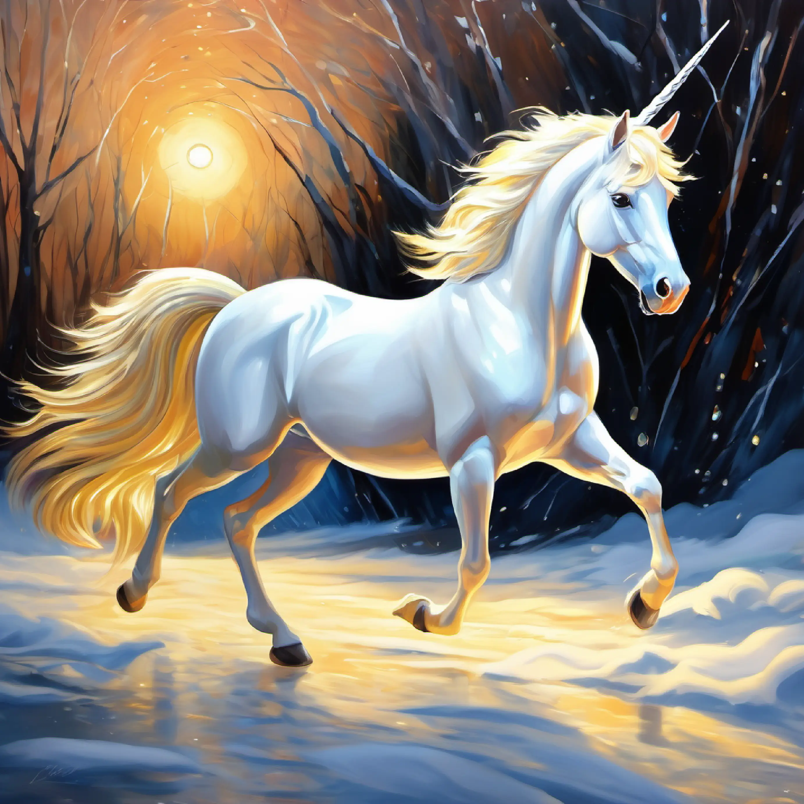 Young unicorn, golden hoof, stardust trail, eyes reflecting bravery overcomes her fear to assist other animals during the storm.